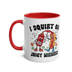 I Squirt on Juicy Wieners Mug with playful adult joke design on glossy ceramic coffee mug
