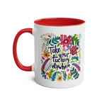 Take Your Fuckery Elsewhere coffee mug with floral design and red interior.