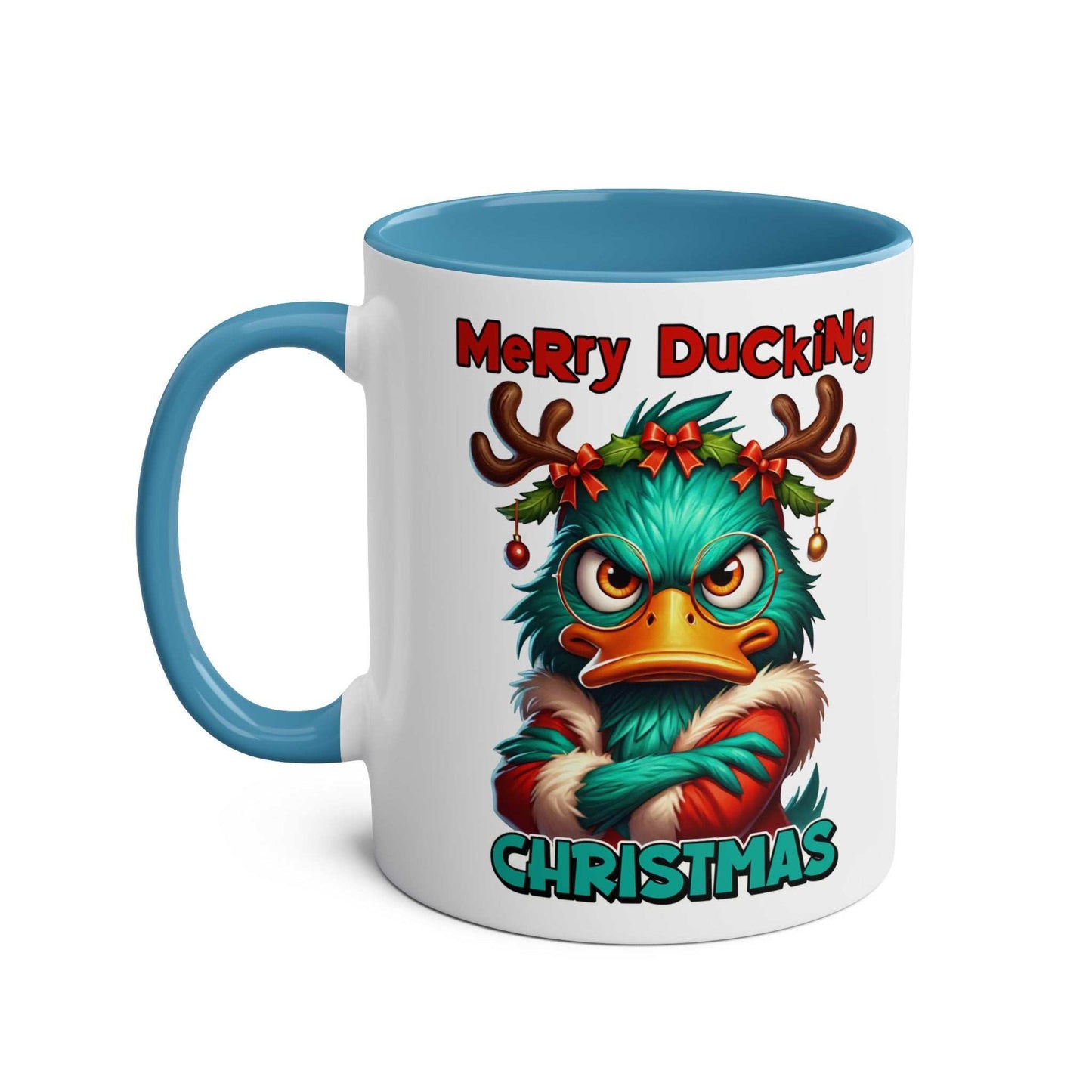 Sarky Christmas Mug with sassy duck design, available in 7 colors, ceramic, microwave and dishwasher safe.