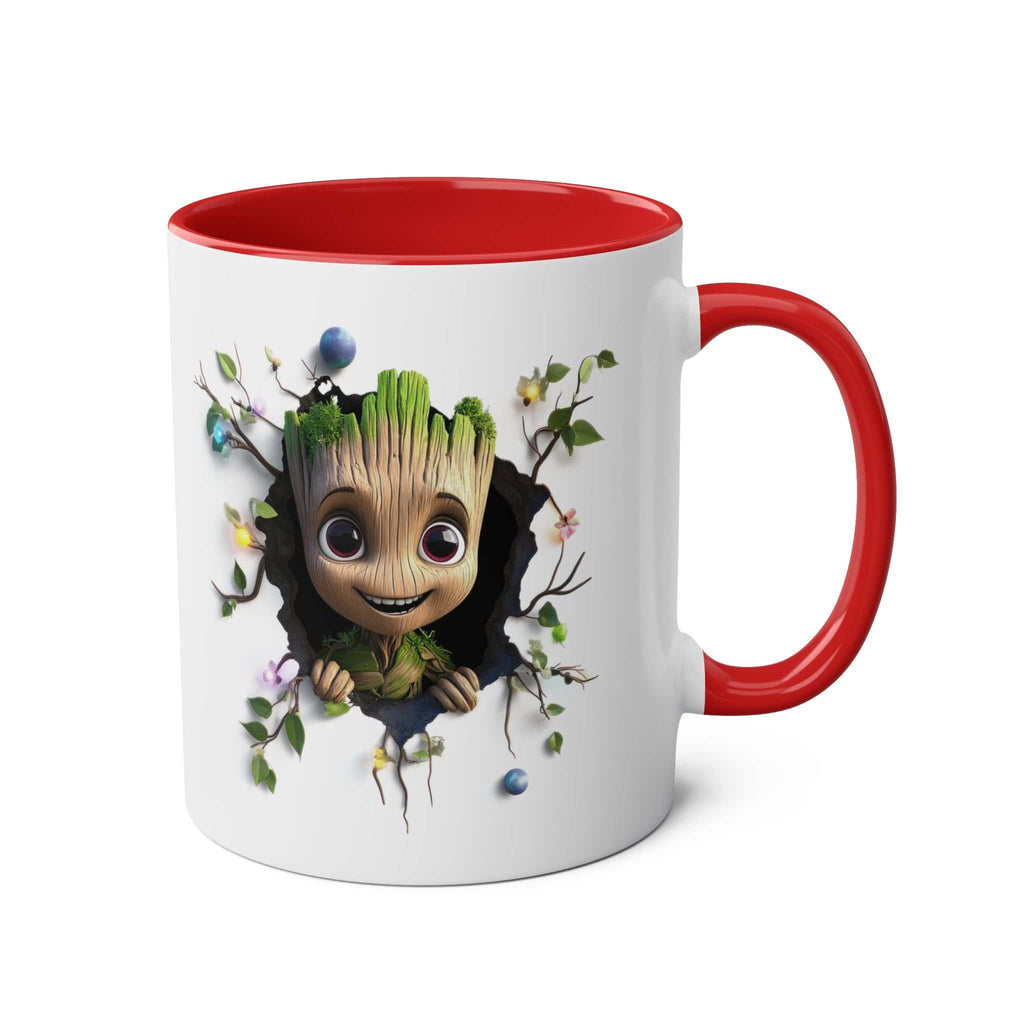 Baby Groot themed coffee mug with colorful design and red handle.
