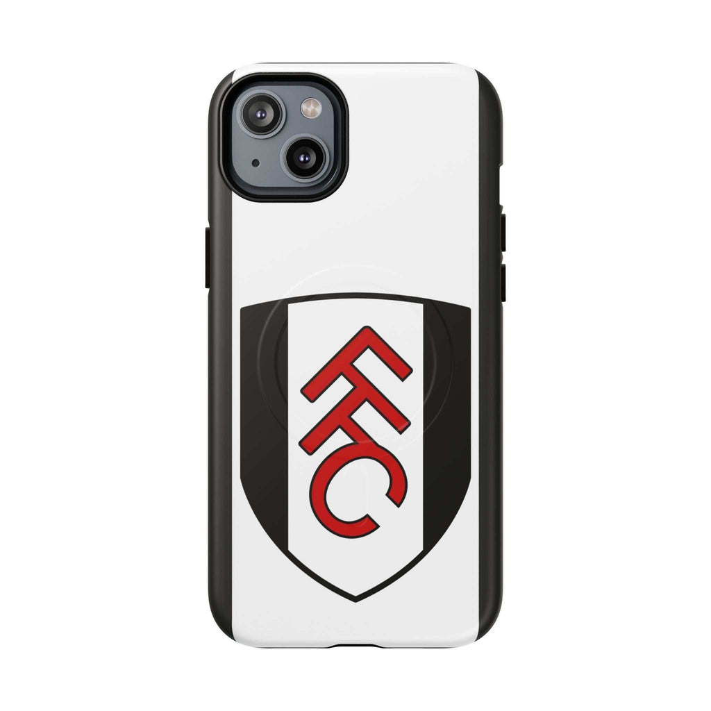 Fulham FC MagSafe iPhone case with club crest, black and white colors, durable dual-layer protection, and wireless charging compatible