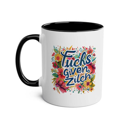Zilch Coffee Mug with colorful floral design and playful text