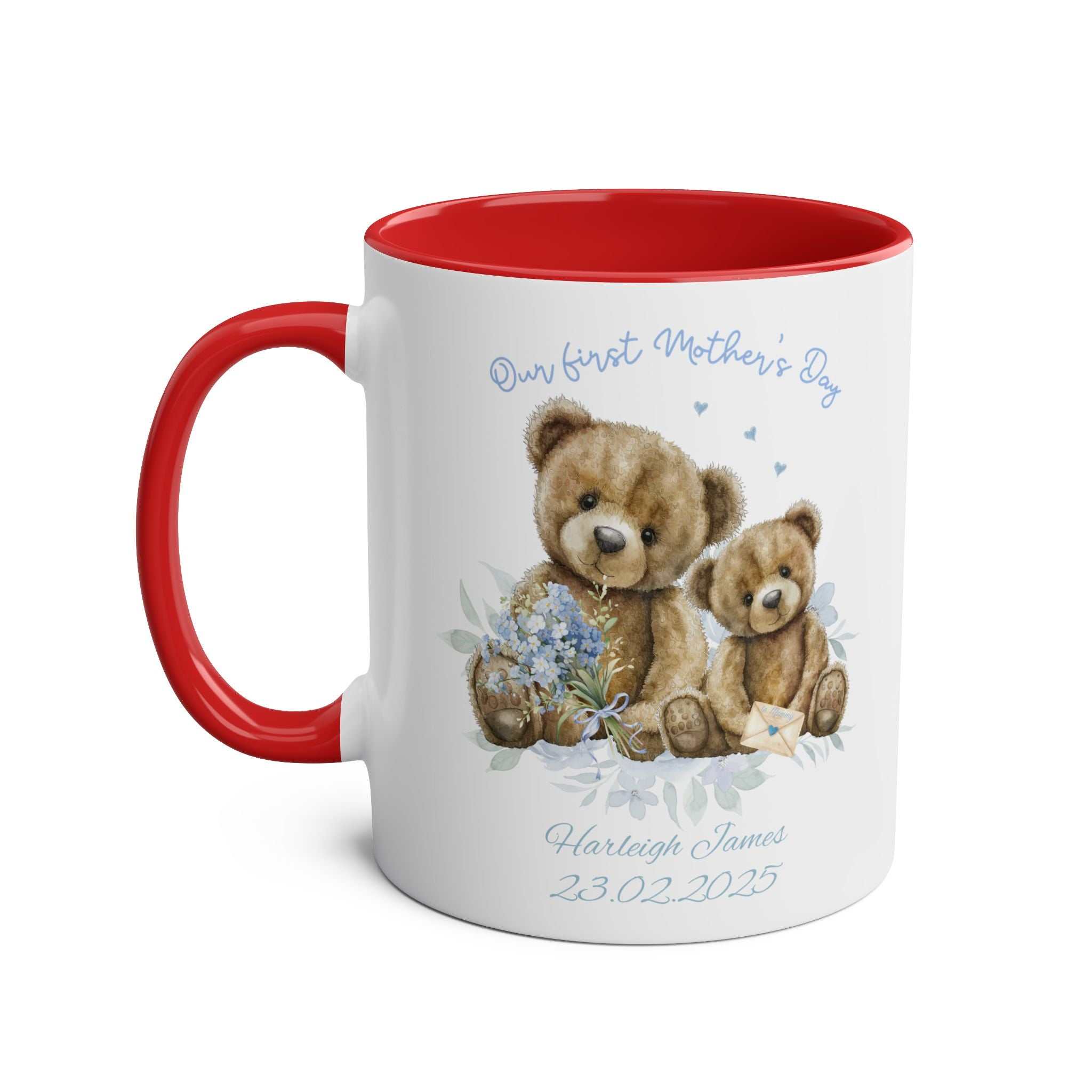 Personalised Our First Mother's Day Boy Gift Mug with bear design and red handle.