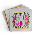 Weird coaster set with playful design, high-gloss MDF top, cork back, and floral pattern.