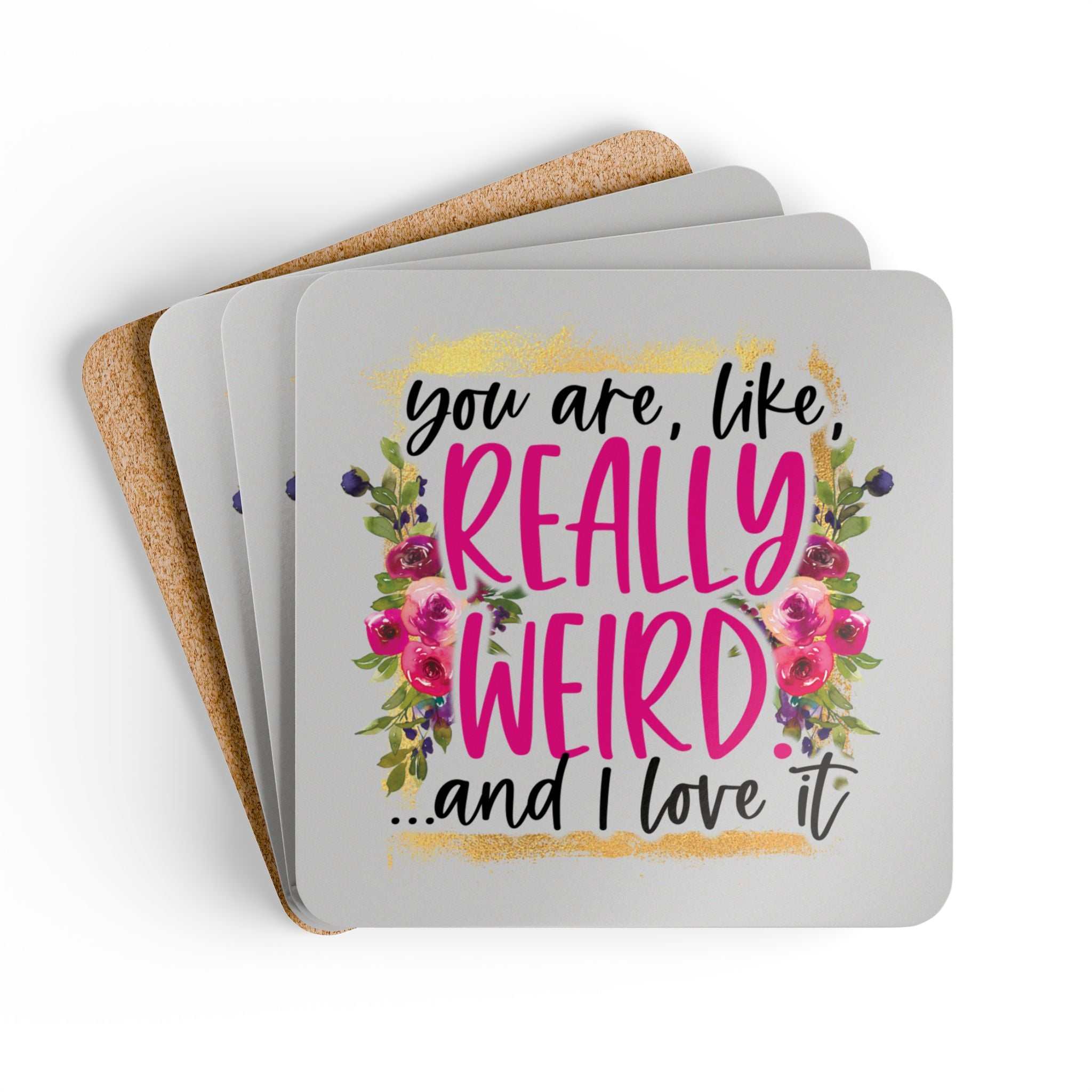 Weird coaster set with playful design, high-gloss MDF top, cork back, and floral pattern.