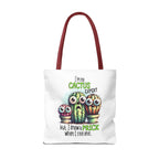 Fun cactus tote bag with cheeky design and colorful handles, available in three sizes