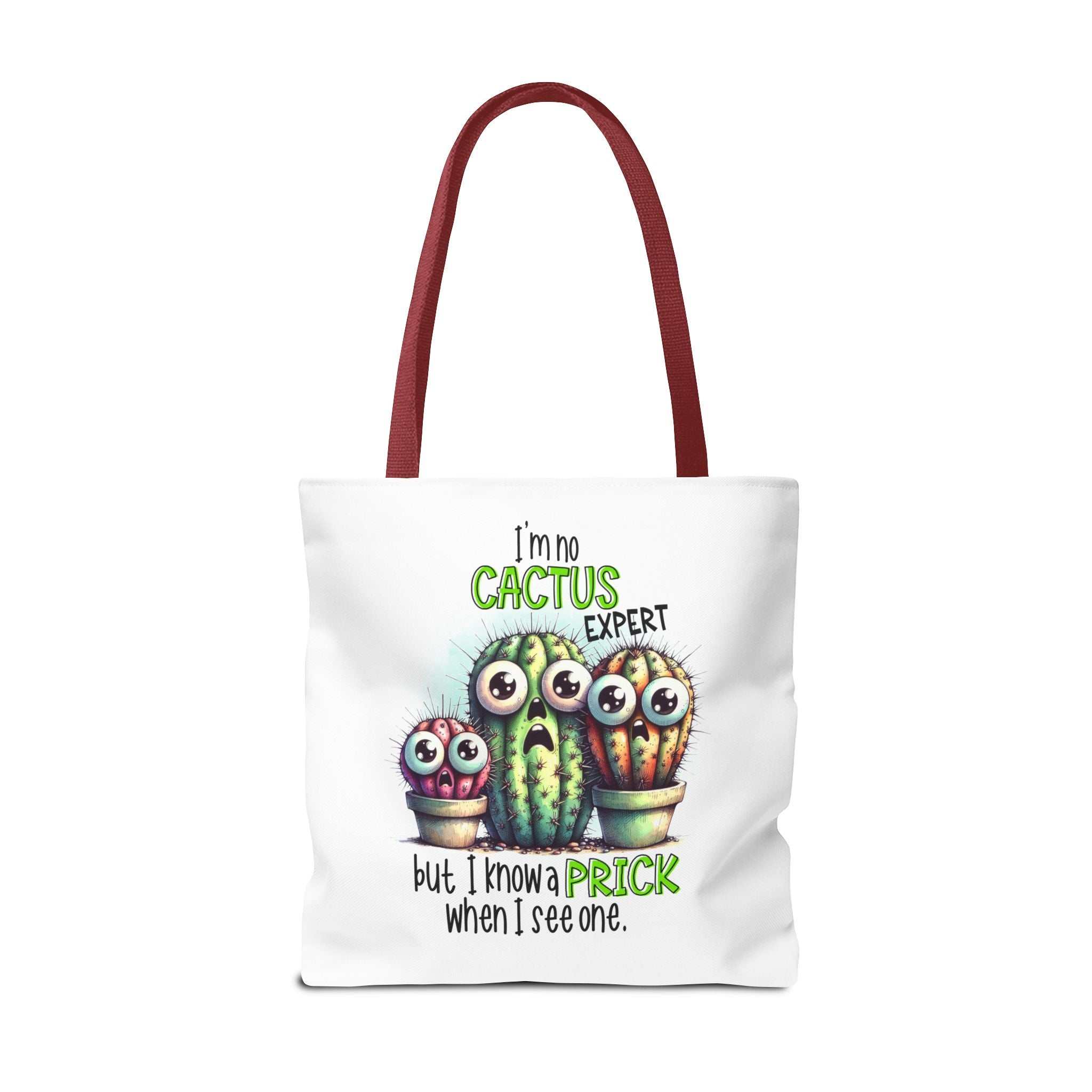 Fun cactus tote bag with cheeky design and colorful handles, available in three sizes