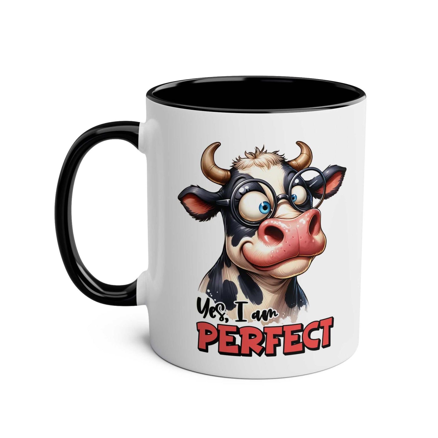 I Am Perfect Coffee Mug with cow design, glossy finish, ceramic, microwave and dishwasher safe.