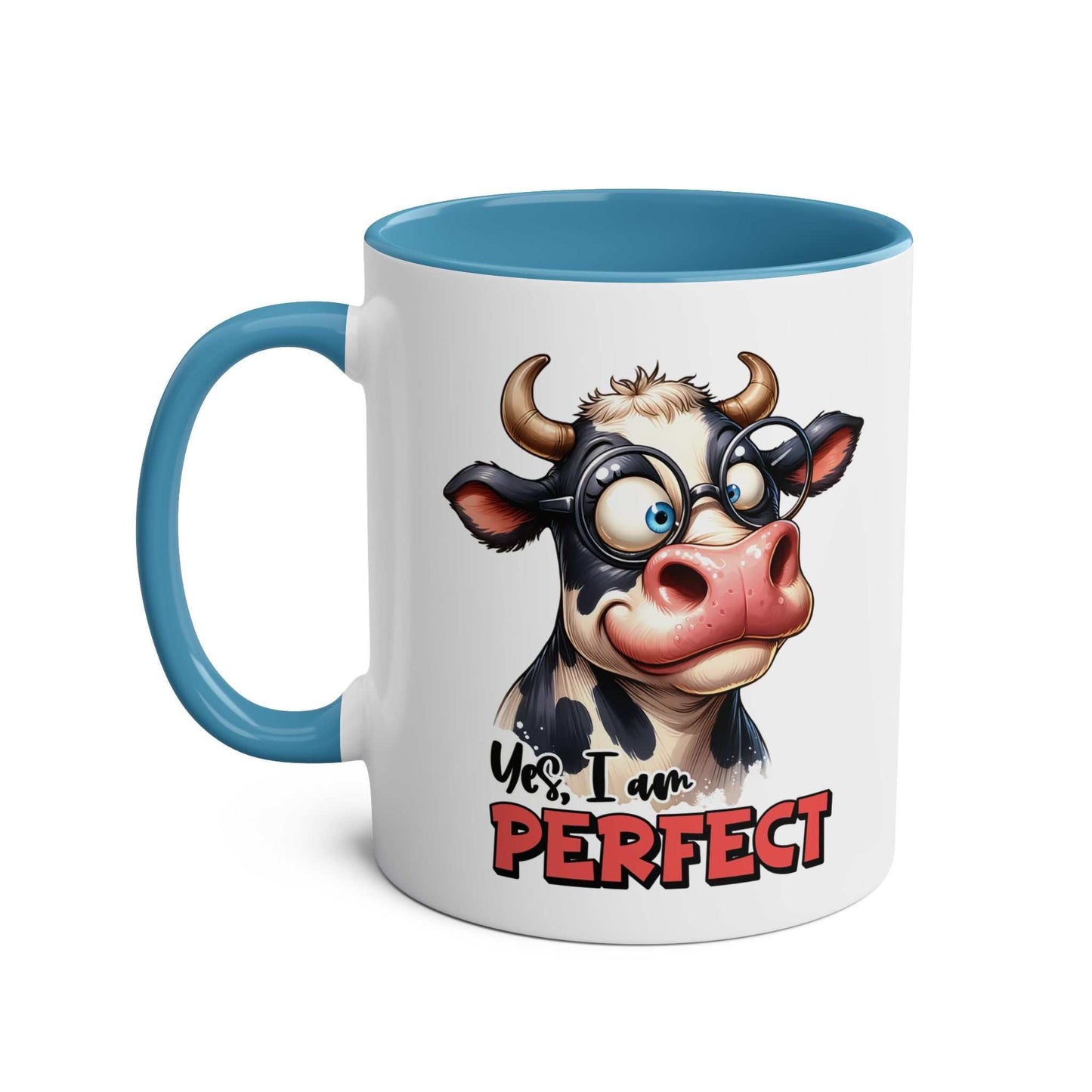 I Am Perfect Coffee Mug with fun cow design, blue handle and interior, 11oz ceramic, sublimation printed, glossy finish.