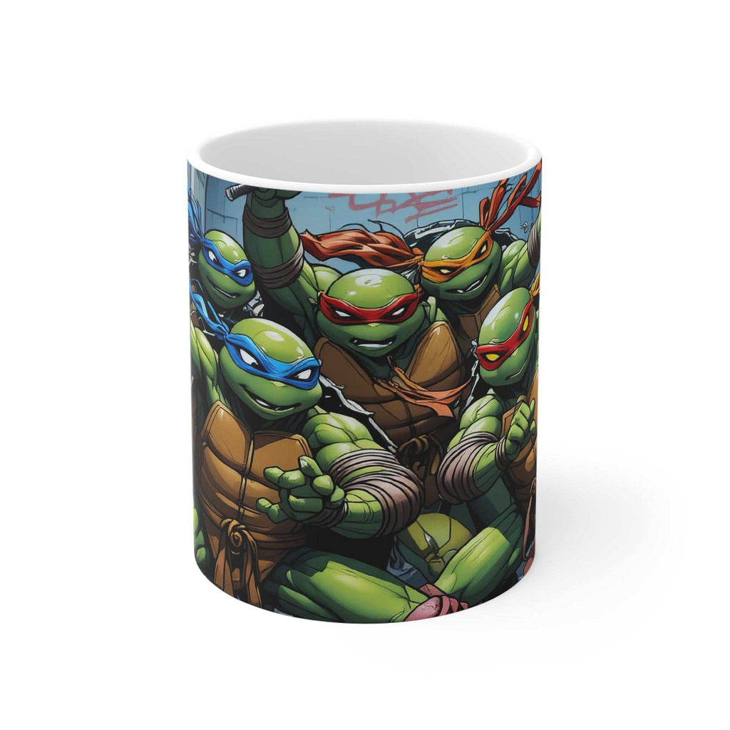 Ninja Turtle Power Mug featuring colorful Teenage Mutant Ninja Turtles, 11oz ceramic with glossy finish, safe for microwave and dishwasher.