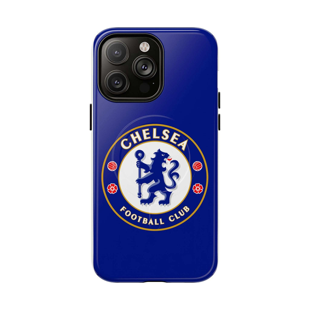 Chelsea FC MagSafe iPhone case with royal blue color and club crest, dual-layer protective design