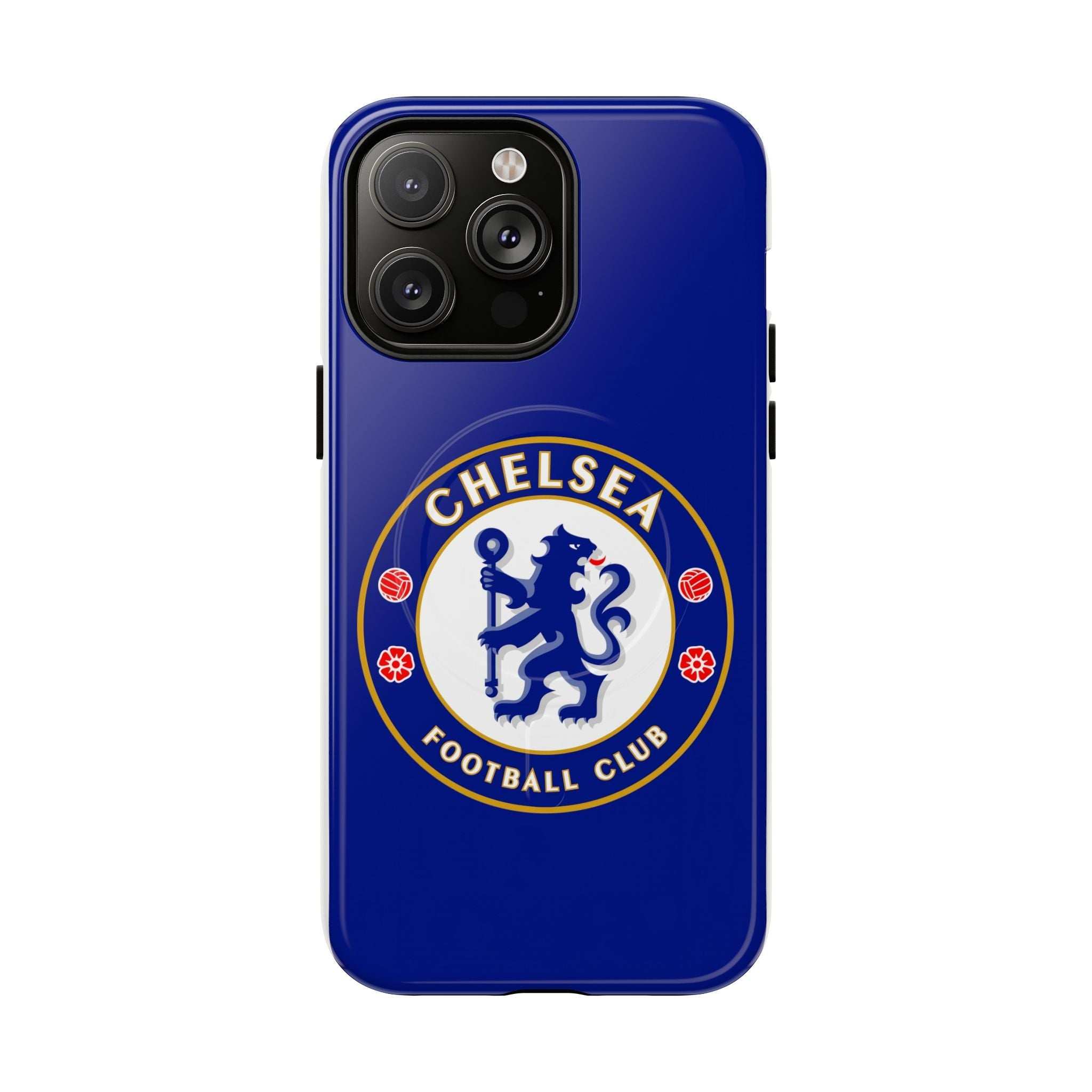 Chelsea FC MagSafe iPhone case with royal blue color and club crest, dual-layer protective design