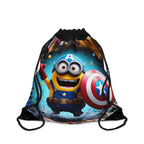 Minion Captain America drawstring bag with superhero design and durable polyester material for kids and fans.