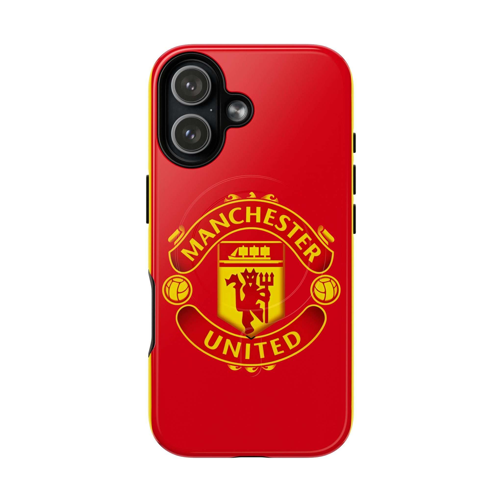 Red Manchester United MagSafe iPhone case with official-inspired crest and dual layer protection