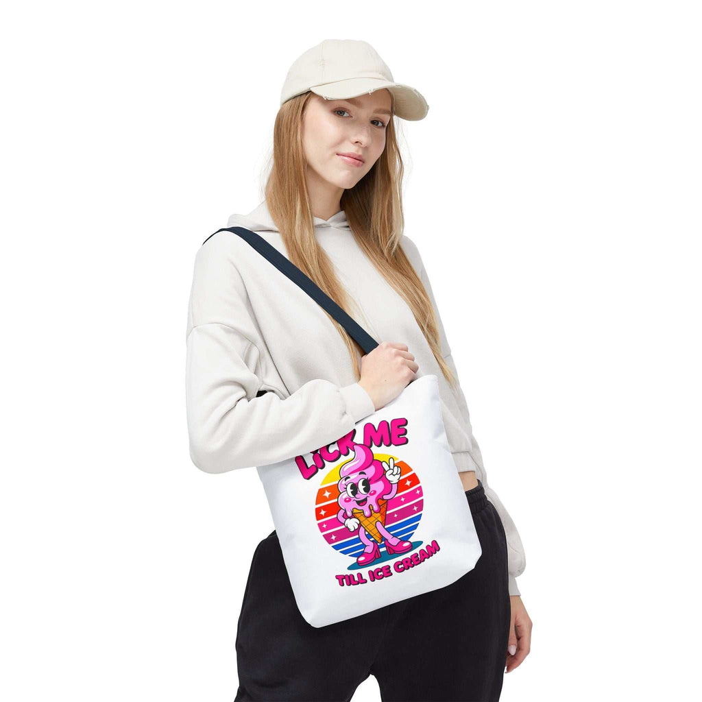 Cheeky Lick Me Till Ice Cream Tote Bag with durable spun polyester and colorful handles