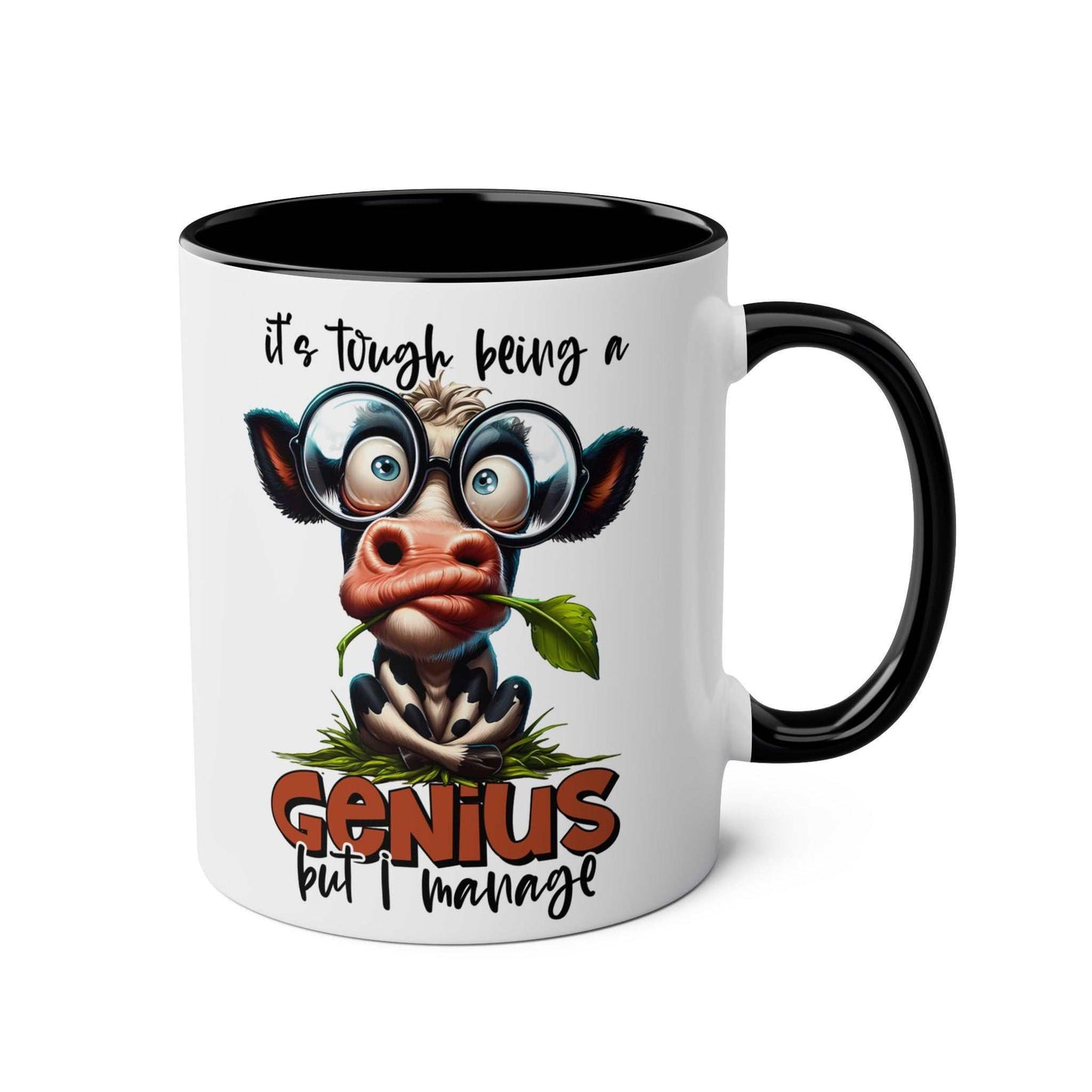 Funny "Genius Coffee Mug" with quirky animal graphic and sassy text, glossy finish, ceramic, and dishwasher safe.