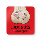 Cheeky I Am Nuts About You Valentines coaster set with cartoon design on red background.