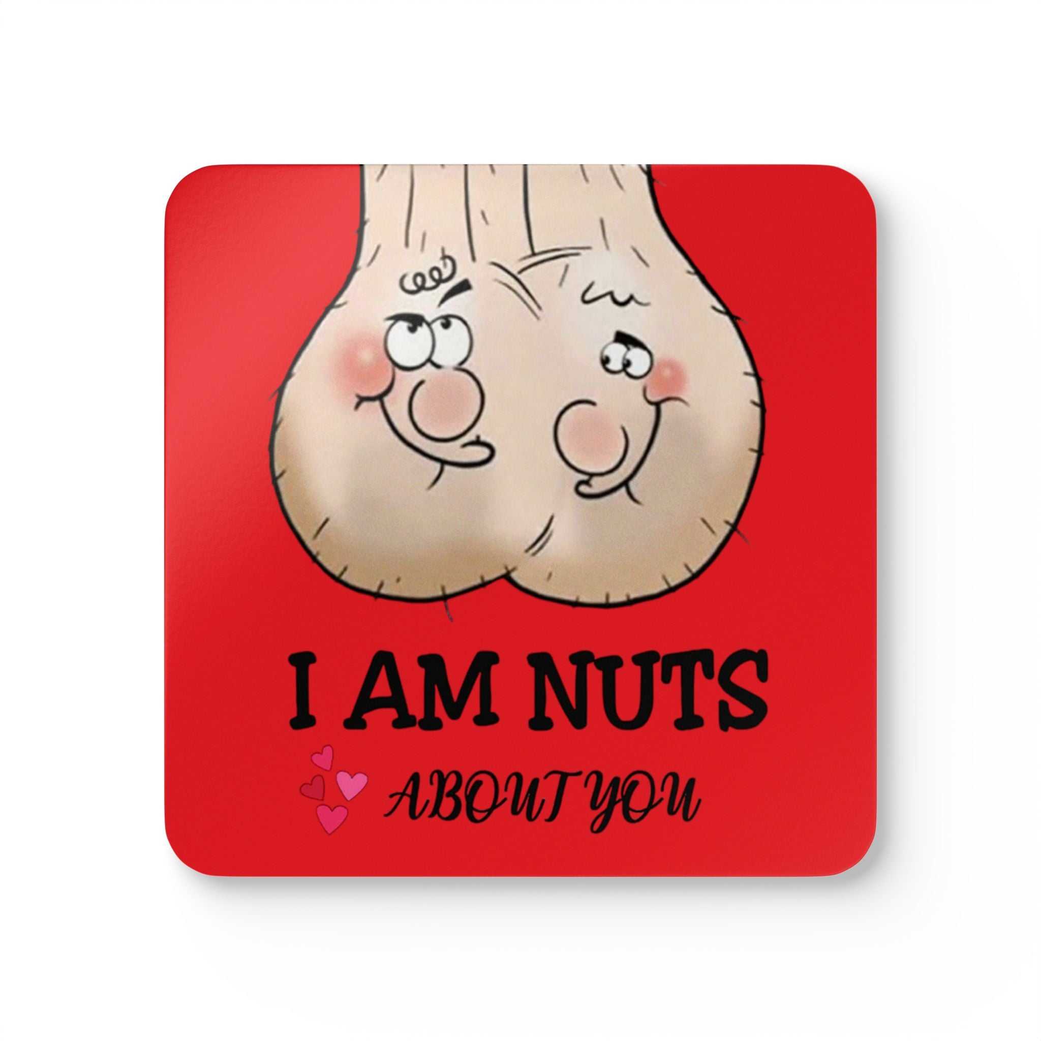 Cheeky I Am Nuts About You Valentines coaster set with cartoon design on red background.