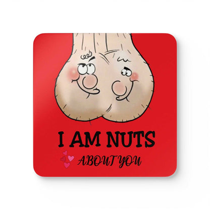 Cheeky I Am Nuts About You Valentines coaster set with cartoon design on red background.
