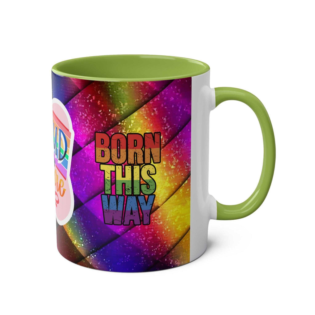 LGBTQ+ Pride Mug with vibrant rainbow design and "Born This Way" text.