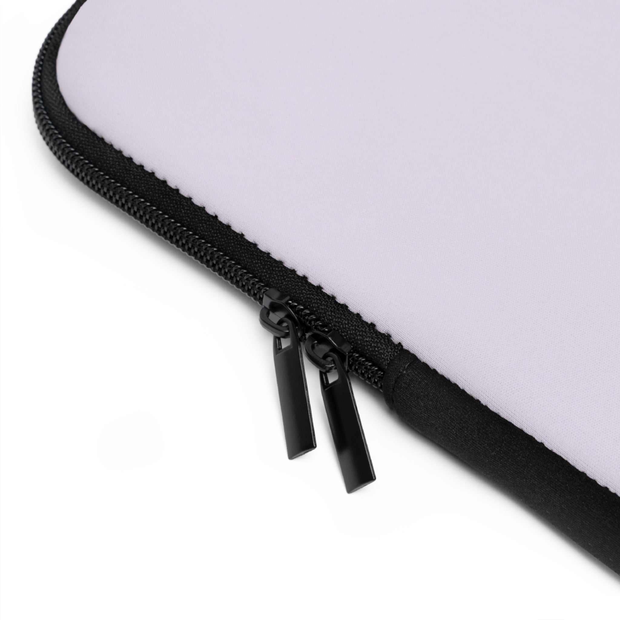 Close-up of lavender neoprene laptop sleeve with dual black zipper and protective foam lining