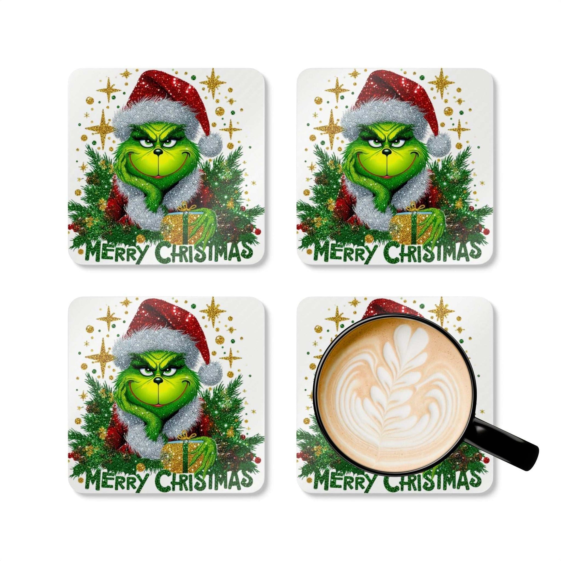 Grinch Merry Christmas coaster set with grumpy Grinch design, high-gloss MDF top, cork back, and heat-resistant features.