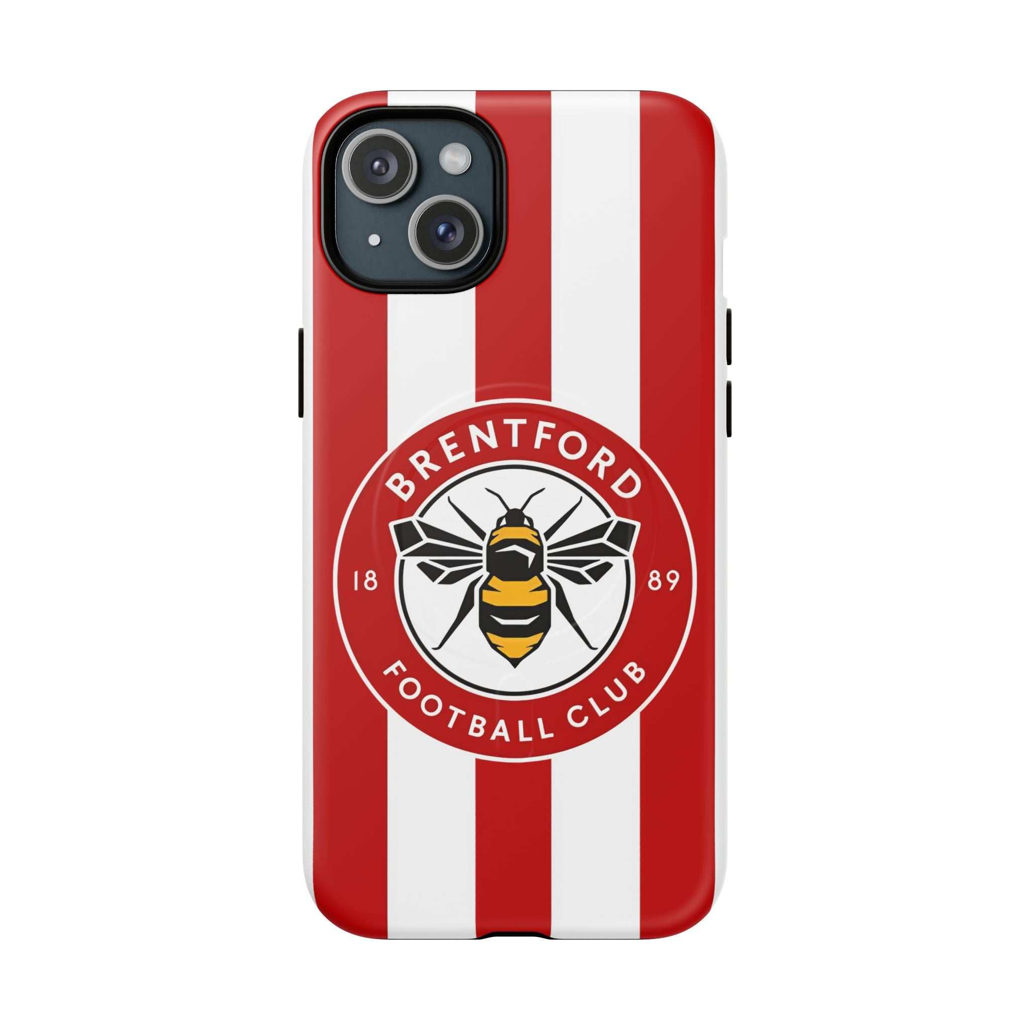 Brentford FC MagSafe iPhone case with red and white stripes and club crest, dual-layer protection, and wireless charging compatible