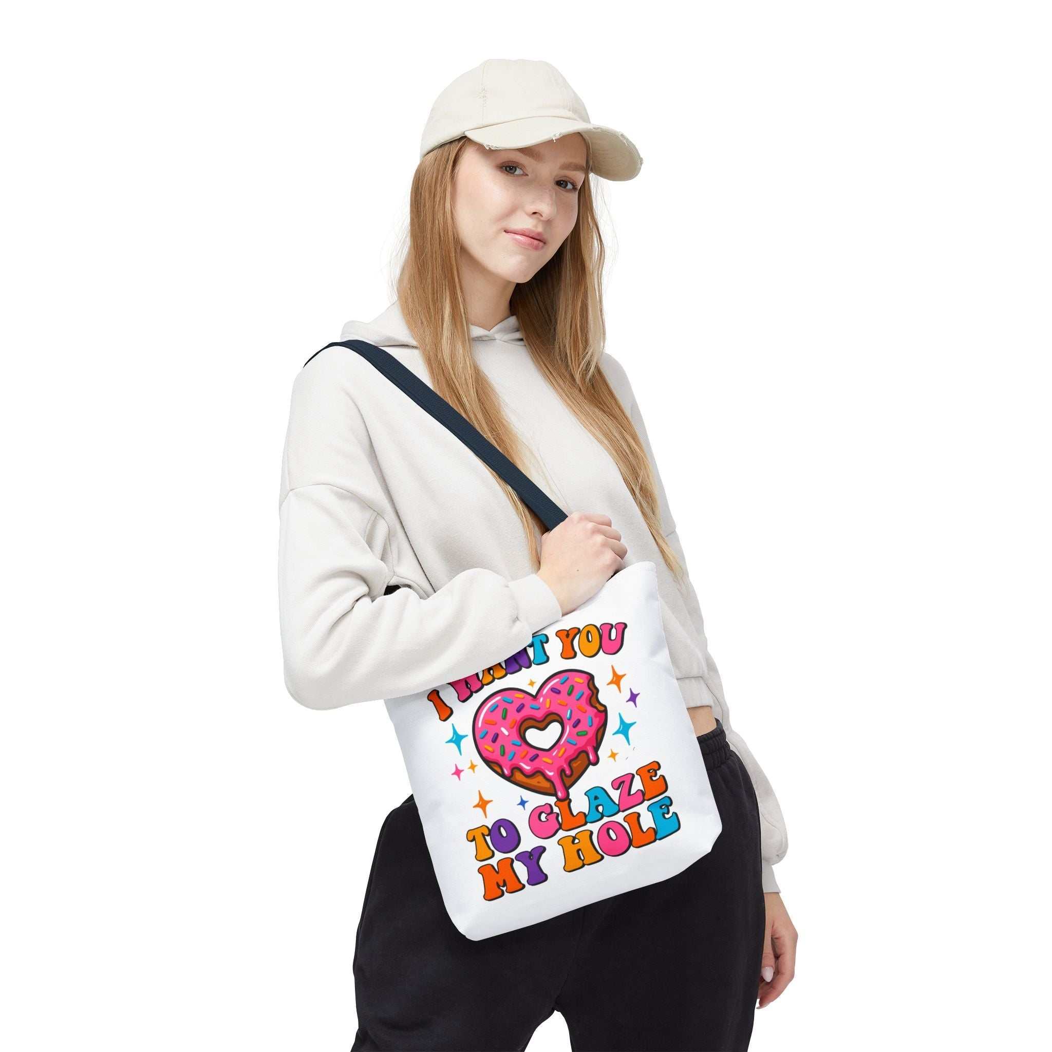 Glaze My Hole Donut Tote Bag with cheeky donut print and colorful handles, durable and lightweight for everyday use