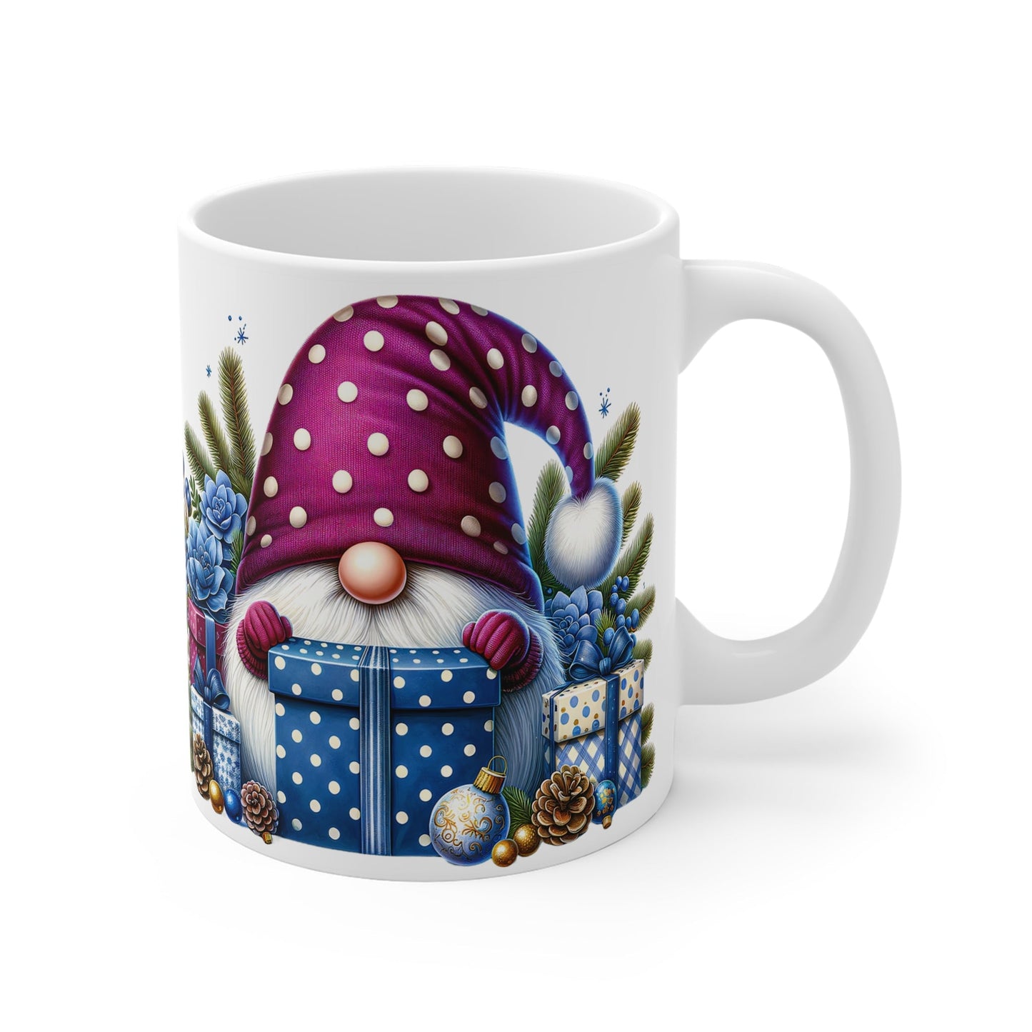 Cute gnome Christmas mug with playful festive design, 11oz ceramic, glossy finish.