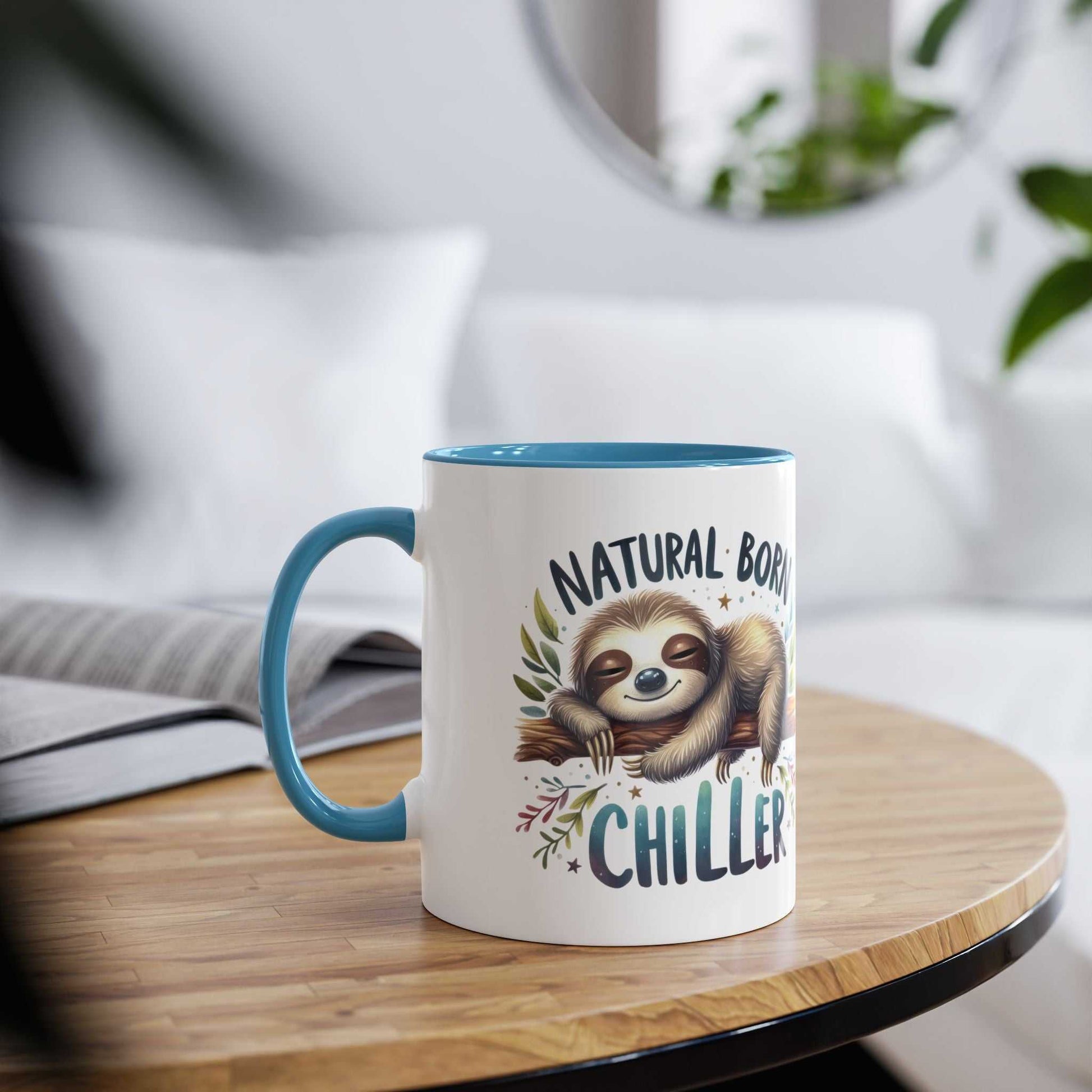 Cute sloth coffee mug with whimsical design and colorful interior, perfect for animal lovers.