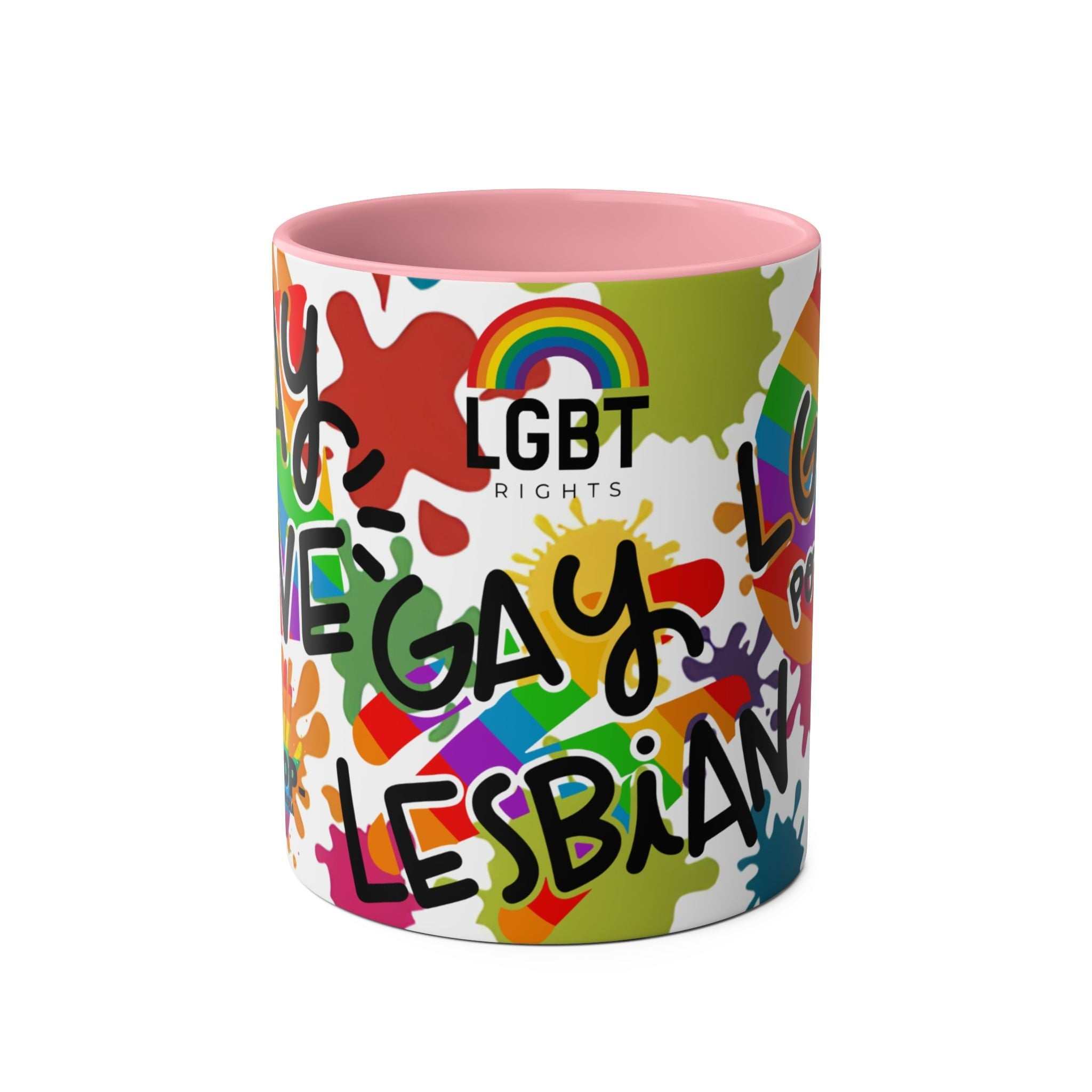 LGBTQ+ Pride Mug with vibrant rainbow design and LGBTQ rights text.