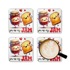 You Are My Jam Coaster Set with playful jam and toast design, high-gloss MDF, cork back, water-repellent, and non-slip.