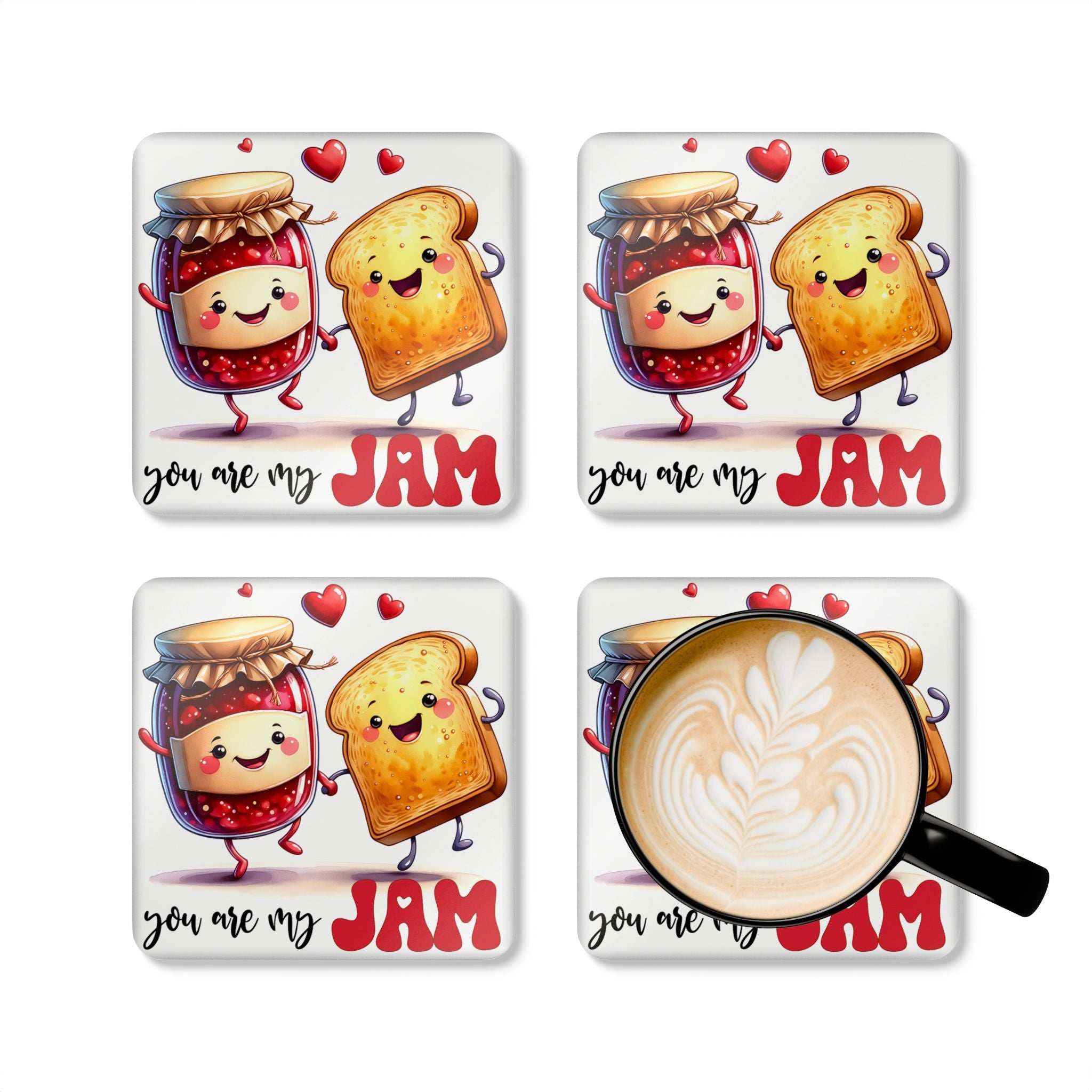 You Are My Jam Coaster Set with playful jam and toast design, high-gloss MDF, cork back, water-repellent, and non-slip.