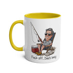 Fun Fathers Day Gift Mug with cartoon dad fishing design and humorous text, yellow interior and handle.