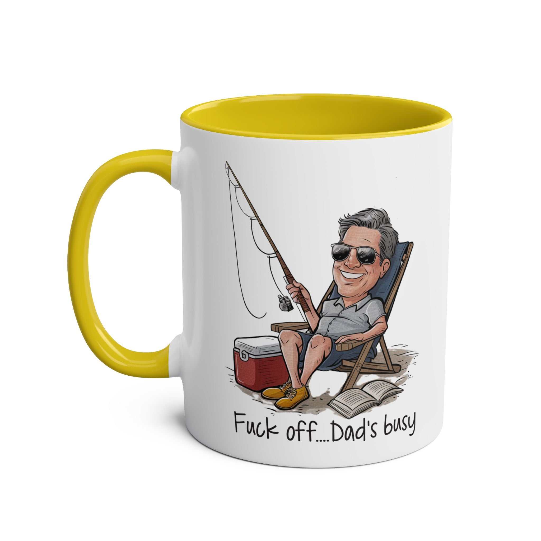 Fun Fathers Day Gift Mug with cartoon dad fishing design and humorous text, yellow interior and handle.