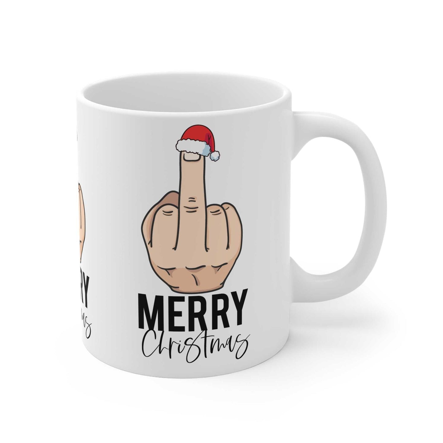 Rude Christmas Mug with cheeky festive design featuring a finger gesture wearing a Santa hat, 11oz ceramic, sublimation printed, glossy finish.