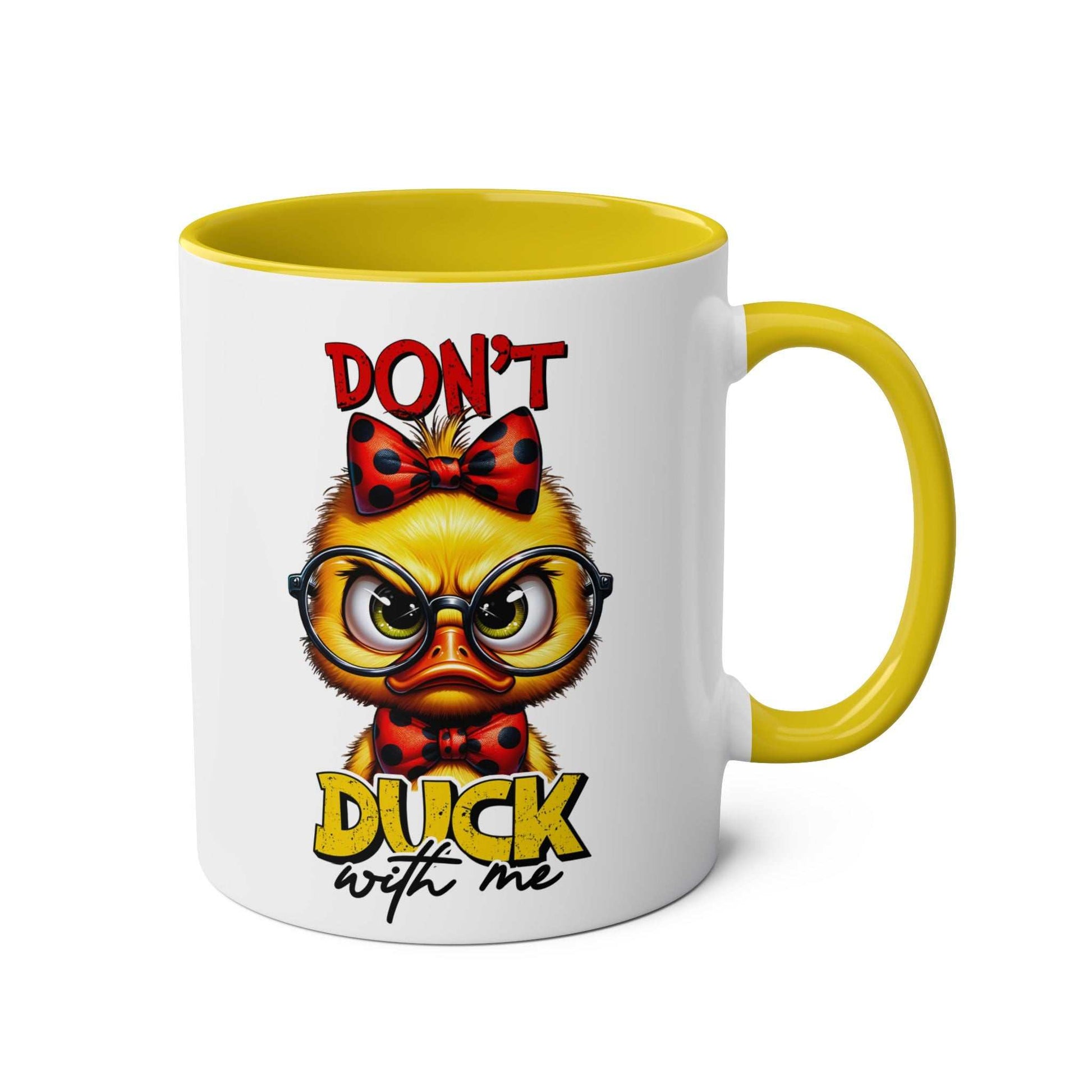 Dont Duck With Me coffee mug with grumpy duck design, yellow handle, and interior.