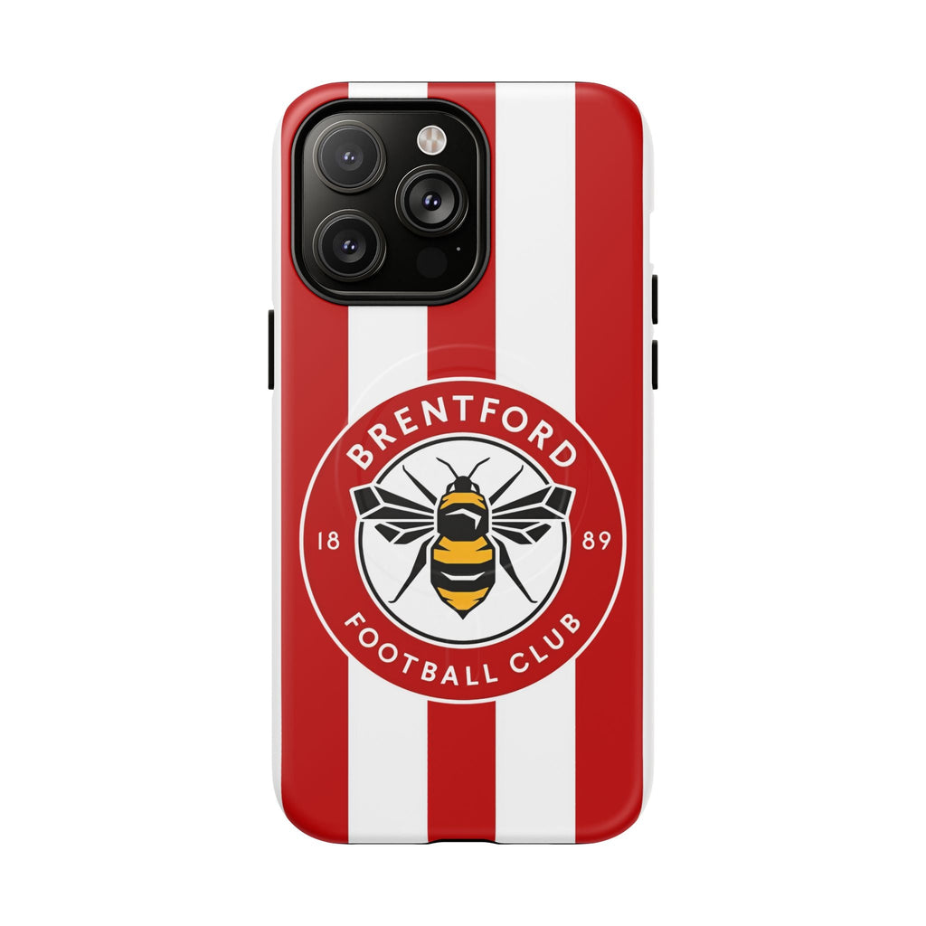Brentford FC MagSafe iPhone case with red and white stripes and club crest, dual-layer protective design