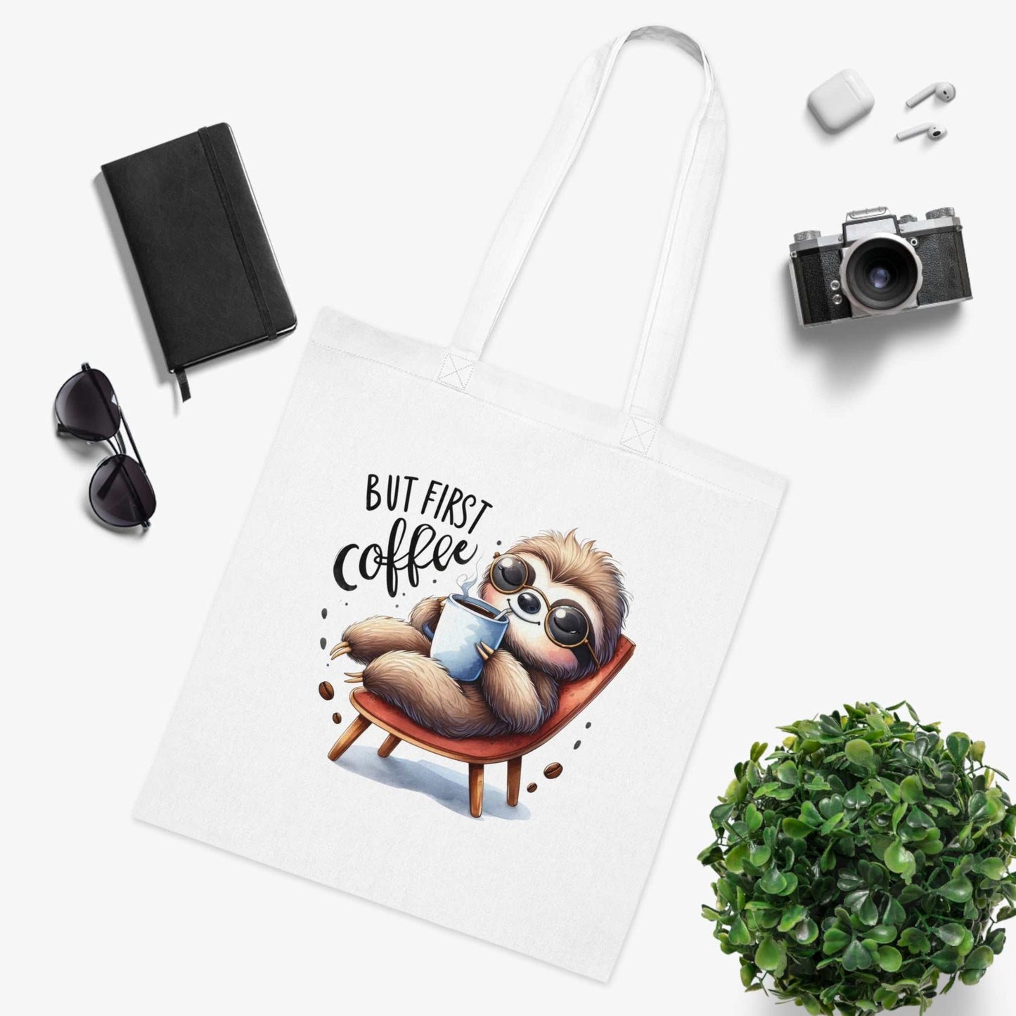 Cotton tote with cute sloth design, perfect for everyday use.