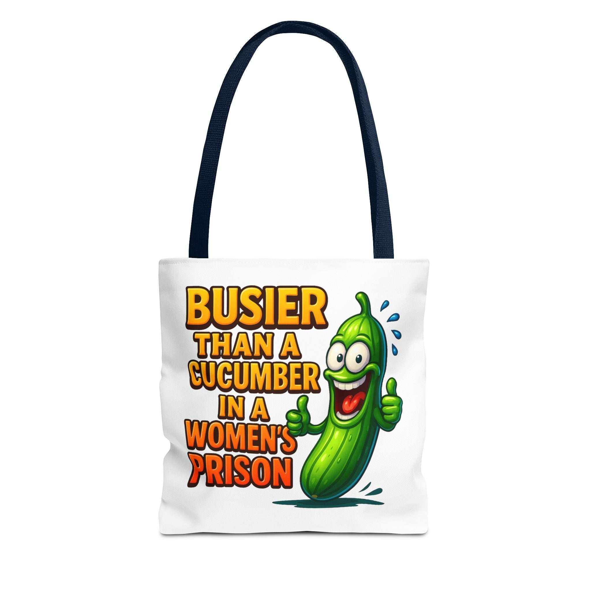 Busier Than a Cucumber Tote Bag with cheeky design and multiple handle colors for daily use