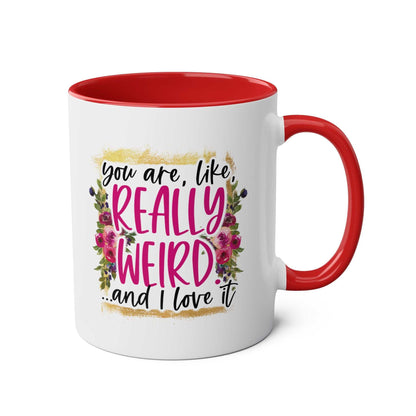 Red and white really weird coffee mug with cheeky text and floral design.