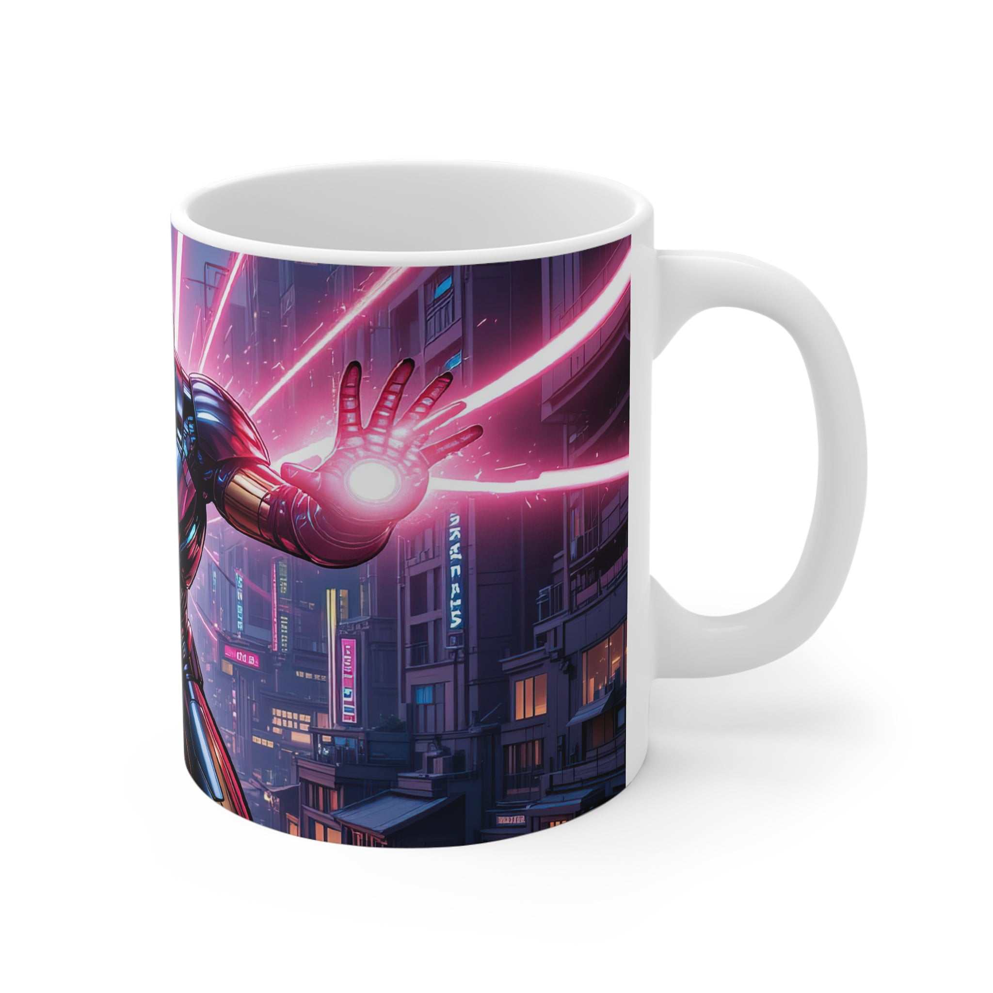 White ceramic Iron Man Action Mug with vibrant superhero design and glossy finish, microwave and dishwasher safe.