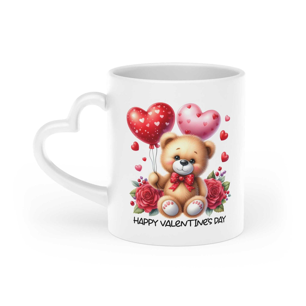 Cute Valentines Day mug with heart-shaped handle and teddy bear design.