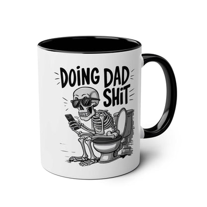 Fun Fathers Day Gift Mug featuring humorous skeleton design, perfect for dads; 11oz ceramic, glossy finish, microwave and dishwasher safe.