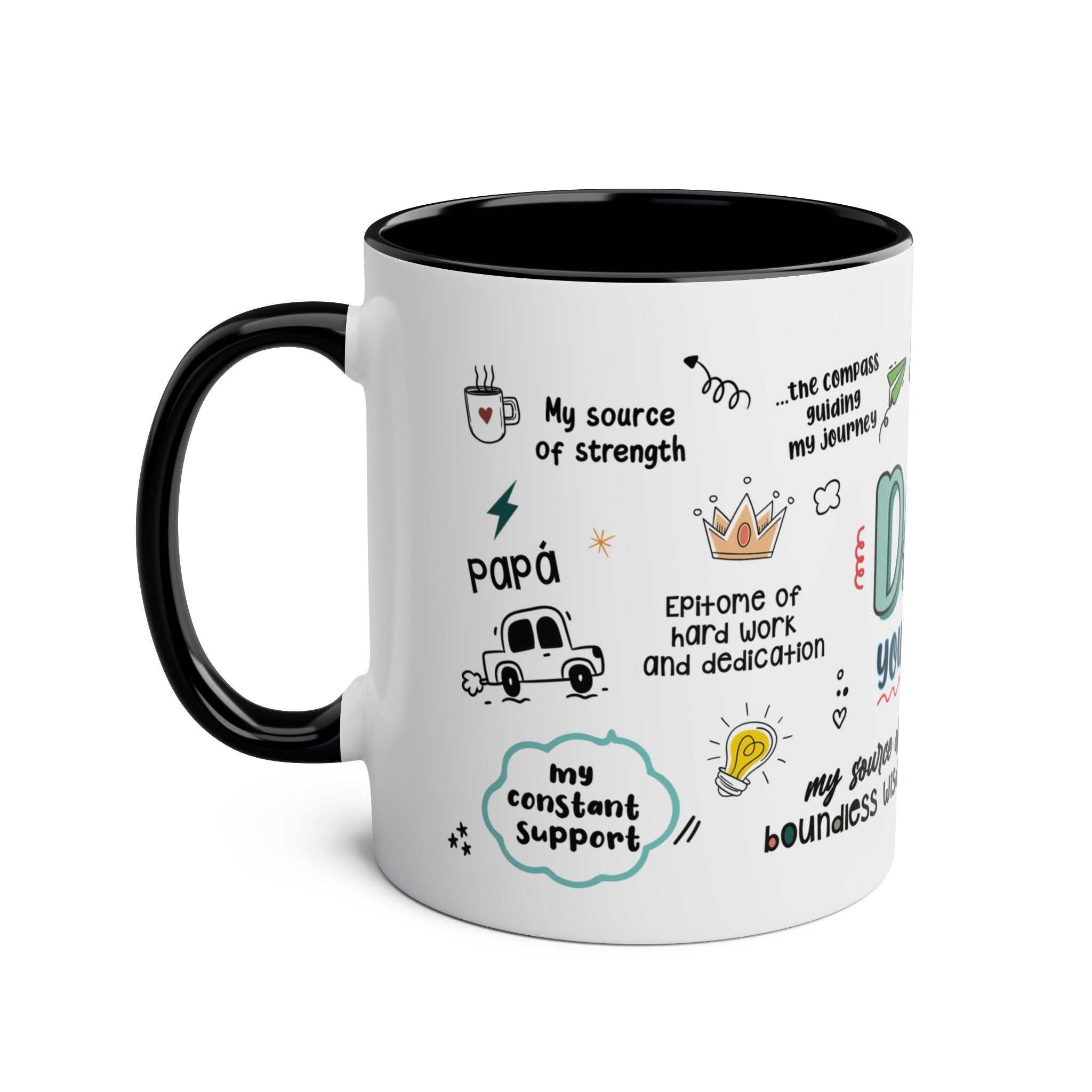 Fathers Day gift mug with fun designs and black handle.