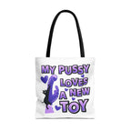 Cheeky fun cat toy tote bag with colorful handles and durable spun polyester fabric