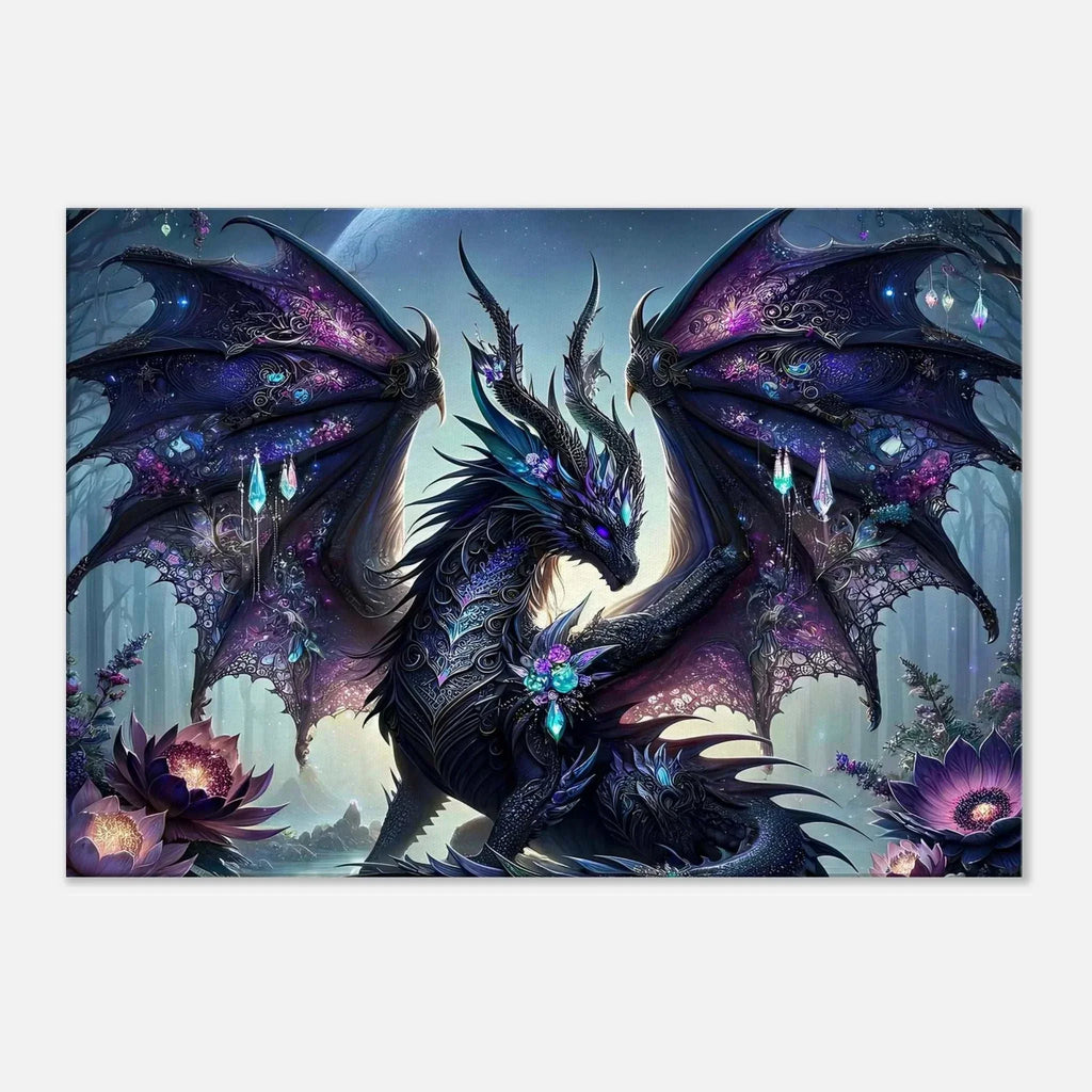 Black Gem Dragon wall canvas featuring a mystical dragon with shimmering gems in a fantasy setting.