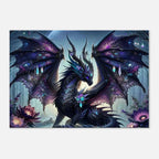 Black Gem Dragon wall canvas featuring a mystical dragon with shimmering gems in a fantasy setting.