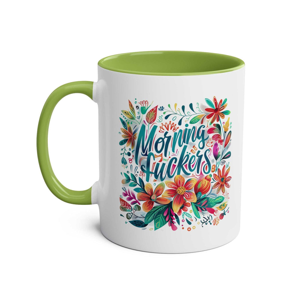 Colorful Morning Fuckers Coffee Mug with floral design and green handle.