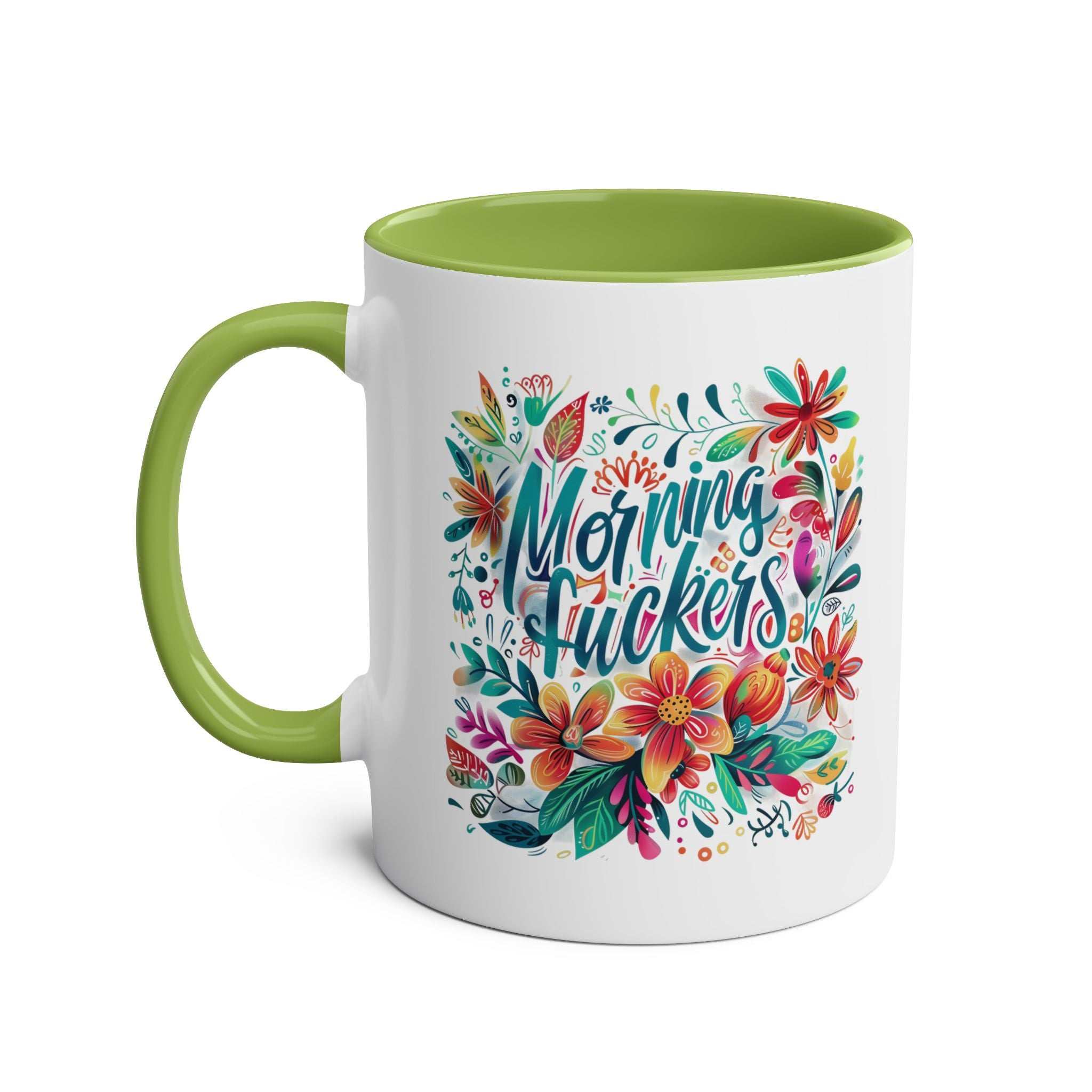 Colorful Morning Fuckers Coffee Mug with floral design and green handle.